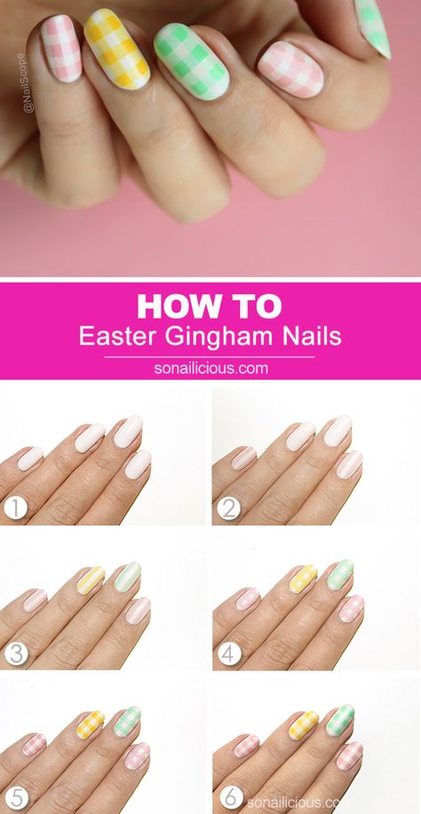 How To Do Gingham Nails, Easter Plaid Nails, Gingham Nails Tutorial, Pastel Plaid Nails, Easter Nail Art Tutorial, Gingham Nails, Spring Pedicure, Easter Nail Art Designs, Nails Easter