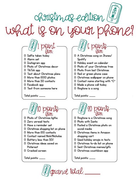 What's On Your Phone Christmas Game Free, Whats In Your Phone Game Printable Free, Whats On Your Phone Game Free Printable, Whats On Your Phone Game, Christmas Party Games For Groups, Christmas Eve Games, Fun Family Christmas Games, Eve Game, Printable Christmas Games