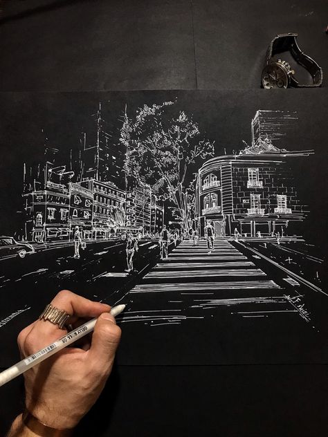 Black Paper, White Ink, Cityscape, Pencil, Black And White, Architecture, White, Black