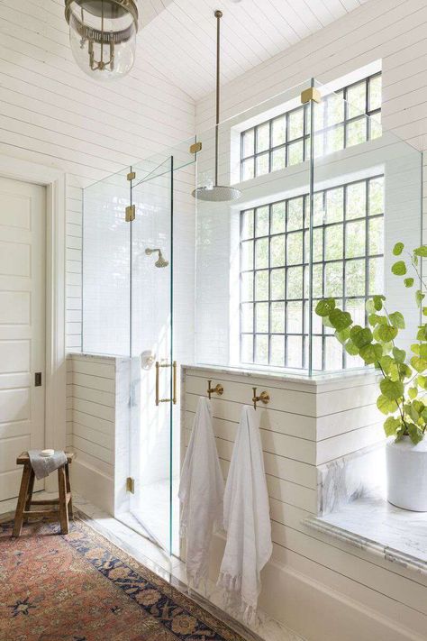 Bougie Bathroom, Half Wall Ideas, Master Bath Layout, Half Wall Shower, Marie Flanigan Interiors, Lake Bathroom, Marie Flanigan, Open Bathroom, Knee Wall