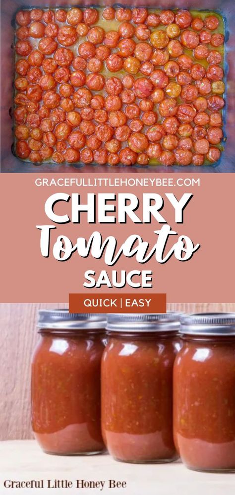 This Oven-Roasted Cherry Tomato Sauce is incredibly quick and easy to make and is full of that sweet and tangy tomato flavor making it a delicious base for almost any meal! And it's so much tastier than any store bought sauce you can find. Click through to the blog for all the tips and tricks so you can make this sauce yourself! Cherry Tomato Jam Recipe, Homemade Pasta Sauce Recipe, Cherry Tomato Pasta Sauce, Oven Roasted Cherry Tomatoes, Garden Vegetable Recipes, Canning Tomatoes Recipes, Tomato Jam Recipe, Tomato Snacks, Cherry Tomato Recipes