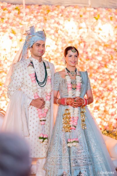 Elegant Manesar Wedding With An Icy Blue Bridal Lehenga Elegant Wedding Dress Men, Grooms Clothes Wedding, Hindu Wedding Reception, Icy Blue Lehenga, Blue Bridal Lehenga, Indian Groom Dress, Wedding Outfits For Groom, Couple Wedding Dress, Wedding Lehenga Designs