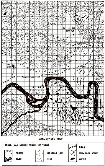 B2 Wilderness Map showing the seldom used road to the ruined monastery     While reading Timrod's posts on the 1E DMG Sample Dungeon, and re-reading the original material (pg 94-100), I noticed some similarities to B2 that would make it easy to combine the two.      Timrod mentioned Gygax's description of the ruined monastery as being near the edge of a fen on a low mound connected by a causeway, and surrounded by "a few clumps of brush and tamarack here a Rpg World, Traveller Rpg, Dnd Campaign, Adventure Ideas, Ancient Celts, Fantasy Maps, Fantasy Concept, Rpg Maps, Mountain Adventure