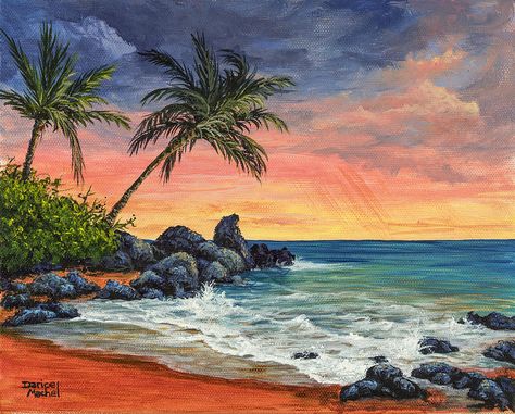 Makena Beach Sunset Painting Beach Sunset Painting, Painting On Canvas For Beginners, Canvas For Beginners, Small Canvas Paintings, Soyut Sanat Tabloları, Beach Watercolor, Nature Art Painting, Ocean Painting, Landscape Drawings