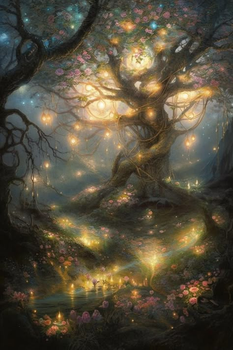 Magic Tree Fantasy Art, Fairy Kingdom Aesthetic, Whimsical Fantasy Aesthetic, Magical Places Fantasy Fairyland, Forest Fairy Aesthetic, Fairy Kingdom, Wallpaper Fantasy, Magical Nature, Fantasy Tree