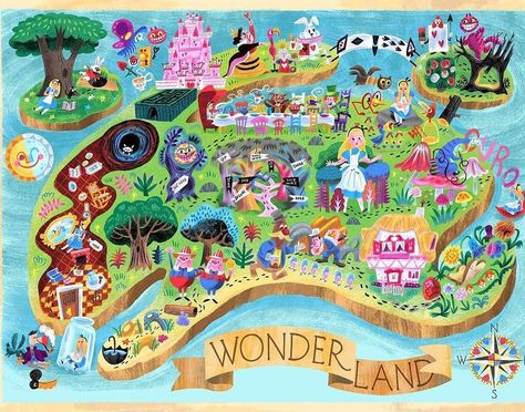 Wonderland Wonderland Map, Neverland Map, Book Maps, Flowers Creative, Magical Light, Mary Blair, Magical Adventure, Creative Friends, Disney Posters