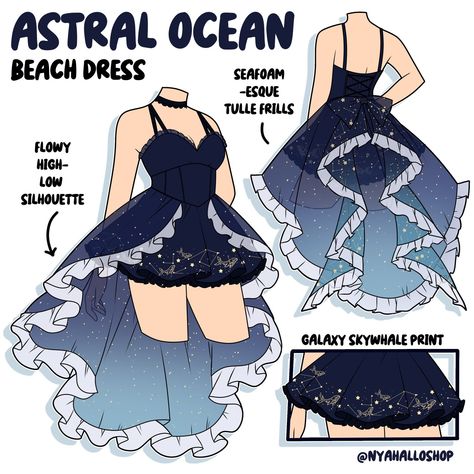 Art Outfit Ideas Drawing, Cute Outfits Anime, Whimsical Goth, Outfits Drawing, Ocean Dress, Animated Clothes, Goth Kawaii, Beautiful Ball, Clothing Sketches