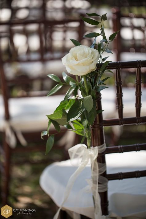 Diy Chair Flowers Wedding, Diy Floral Chair Decor, Wedding Chair Flower Decor, Ceremony Chair Flowers, Aisle Chair Decorations Wedding, Wedding Aisle Flowers On Ground, Single Rose Centerpiece, Chair Flowers Wedding, Aisle Chair Flowers