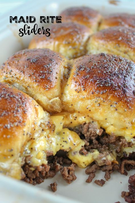 Maid Rites are an Iowa specialty - also known as a Loose Meat Sandwich. I added cheese and made them into sliders. They're quick to make and you can grab and go - perfect for your summer holiday parties! #maidrites #sliders #loosemeatsandwich Made Rites Recipe Loose Meat Sandwiches, Ground Hamburger Sliders, Sliders Recipes Hamburger Ground Beef, Loose Meat Burgers, Things To Cook With Hamburger Meat, Maid Right Sliders, Loose Meat Sliders Ground Beef, Hamburger Meat Sliders, Loose Hamburger Recipes