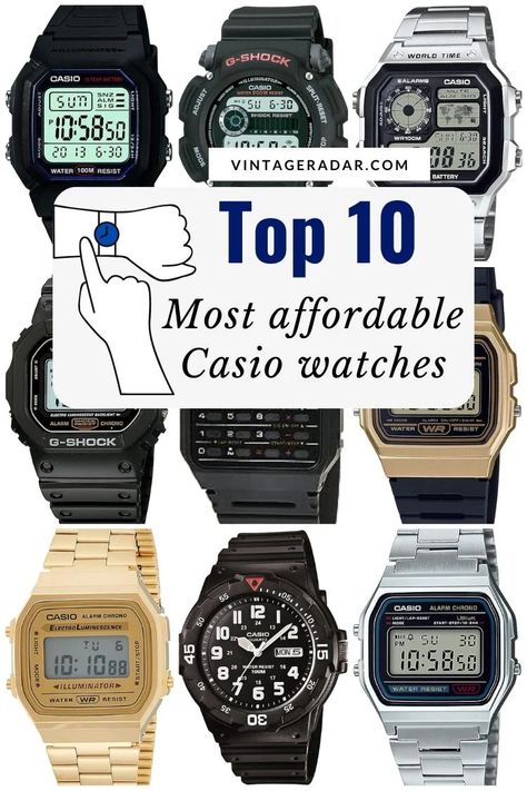 In this article we look at the 10 most affordable Casio watches available right now. In addition to being cheap, these watches are also very reliable, having really good reviews, durable design features and impressive functions. Let's check them out! Casio Vintage Watch, Casio Watches, Digital Sports Watches, Military Watches, Analog Watch, Vintage Magazines, Vintage Magazine, G Shock, Watch Model