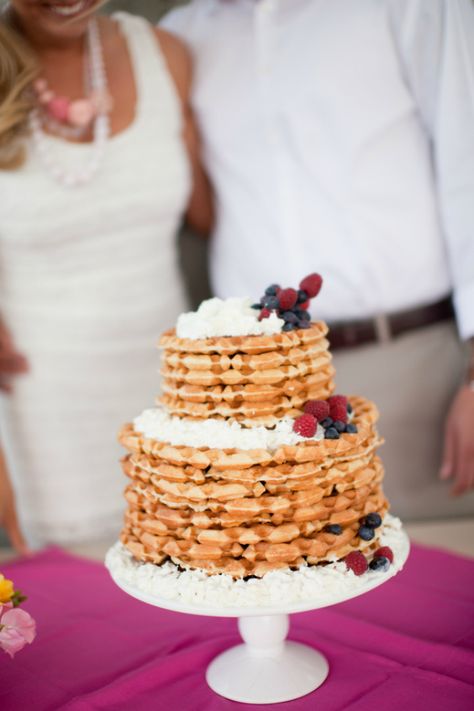 This waffle cake is perfect for a wedding brunch reception. Waffle Wedding, Cake Alternatives, Sunrise Wedding, Dessert Alternatives, Waffle Bar, Wedding Cake Alternatives, Daytime Wedding, Waffle Cake, Crepe Cake