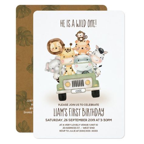 Wild One Cute Safari Animals First Birthday Invitation Animals, #Birthday, #Invitation, #Safari, #Shop One Birthday Invitations, Safari Truck, Cardboard Texture, Cute Safari Animals, Wild Birthday Party, Wild One Birthday Invitations, Rustic Baby Shower Invitations, Jungle Theme Birthday, Jungle Birthday Party