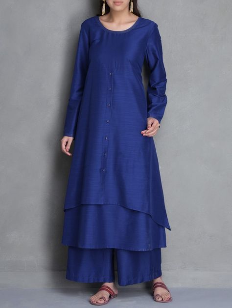 Buy Royal Blue Layered Asymmetric Cotton Silk Kurta Online at Jaypore.com Royal Blue Kurti Design, Blue Kurti Design, Blue Kurti, Silk Kurta, Indian Suits, Milan Fashion Weeks, Kurta Designs, Pakistani Fashion, Designer Wear