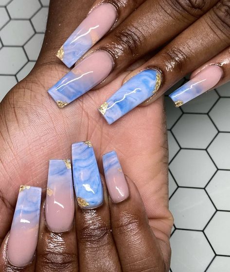 Marble Blue And White Nails, Small Blue Nails, Blue Marble French Tip Nails, Light Blue Marble Nails, Light Blue And Gold Nails, Marble Blue Nails, Marble French Tip Nails, Coffin Nails Blue, Nails Hawaii