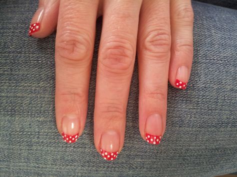 Polka Dot Nail Tips, Red And Black Polka Dot Nails, Polka Dot Tip Nails, Pika Dot Nails, Polka Dot Gel Nails, Polka Dot French Nails, French Tip Polka Dot Nails, Red And White Polka Dot Nails, Polka Dot And Stripe Nails