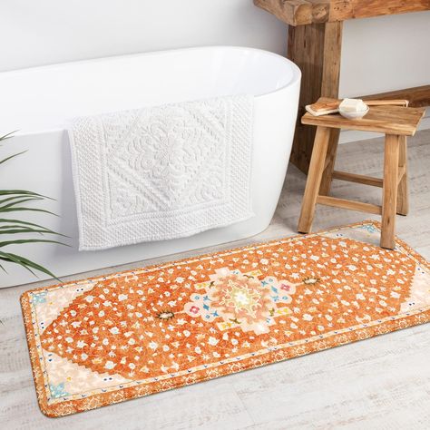 PRICES MAY VARY. [Bohemia Design] A stylish combination of modern and traditional design elements, this bath rugs features floral edges with oriental overtones in a bohemian base, making your home an elegant and stylish addition to an exotic look. [Non-Slip Backing] Non-slip bathroom mat is a critical part of building the most comfortable and safety space. This bathroom rug is made of rubber material which can firmly anchored in place without damaging the floor, especially in heavy traffic areas Farmhouse Bath Rugs, Boho Bathroom Rug, Long Bath Mat, Long Bathroom Rugs, Long Bathroom, Bathroom Runner, Bath Runner, Bathroom Runner Rug, Orange Bathrooms