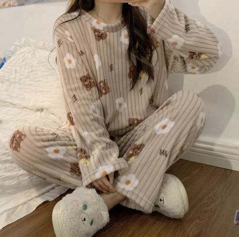 Nightsuits For Women Winter, Pyjamas Aesthetic Korean, Aesthetic Pjs Korean, Winter Night Dress, Night Suit For Winter, Cute Home Outfits, Cute Pyjamas Korean, Cute Pajamas For Women Korean, Dress Up For Girls