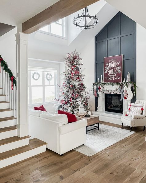 Brooke - DIY & Home Decor (@brooke_startathome) • Instagram photos and videos Gray Fireplace Surround, Batten Fireplace Wall, Board And Batten Fireplace Wall, Board And Batten Fireplace, Christmas Living Room Ideas, Traditional Fireplace Mantel, Soft Blue Walls, Fireplace Accent Walls, Board And Batten Wall