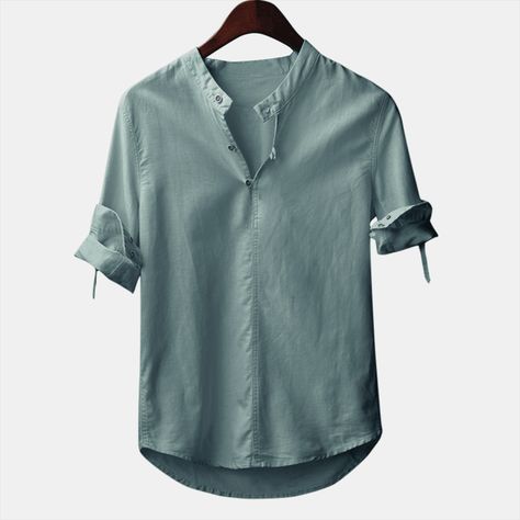 Mens Half Sleeve, Slim Fit Top, Linen Casual, Light Blue Green, Men Shirt Style, Fashion Website, Henley Shirts, Half Sleeve, Color Azul