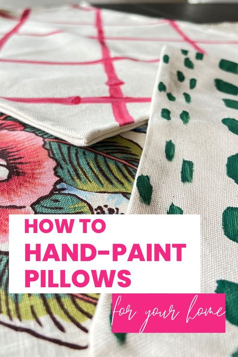 These DIY throw pillow covers are the perfect addition to your home decor! Compliment your room's color scheme and create a designer look with this budget friendly painted pillow DIY. The pink bamboo pillow and green spotted pillow covers add pretty design details to your room decor. Create a pretty pillowscape for your sofa. Painted Throw Pillows Diy, Decorative Pillow Cases Diy, Diy Outdoor Pillow Covers, Pillow Painting Ideas, Diy Pillow Case Design, Diy Sofa Throw Cover, Diy Painted Pillow Covers, Hand Painted Pillows Ideas, Paint Pillow Cover Diy