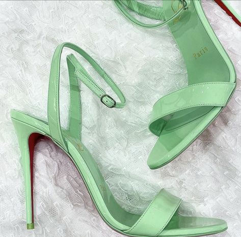 #christianlouboutinshoes #shoes #heels #sandals Light Green Heels, Light Green High Heels, Mint High Heels, Trendy Green Open-heel Mules, Luxury Green Heels With 4-inch Heel, Green Sandals, Summer Heels, Girls Sandals, Red Bottoms