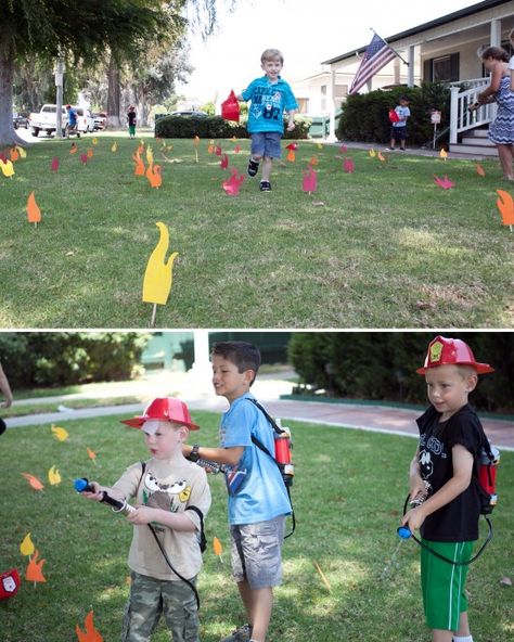 fire activity: shoot down the foam flames with a water gun Fireman Sam Birthday Party, Fireman Kids, Fire Engine Party, Fireman Party, Firetruck Birthday Party, Fire Truck Party, Fireman Birthday, Firefighter Party, Firefighter Birthday