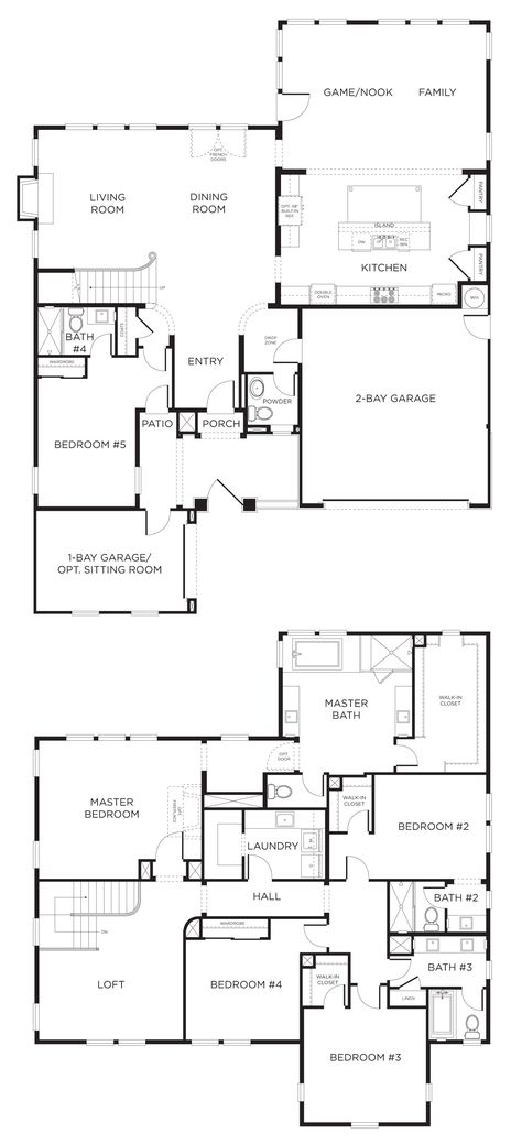 5 bedroom house plan. I'd move the 5th room upstairs and change it to a den/library downstairs. Building Barndominium, 5 Bedroom House Plans, Bathroom Floor Plans, Barndominium Floor Plans, House Layout Plans, 5 Bedroom House, House Blueprints, Planning Printables, Bedroom House Plans