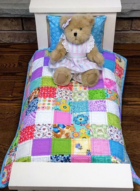 American Girl Doll Quilt, Patchwork Doll, American Girl Doll Bed, Girl Quilts, Doll Bedding, Girl Nursery Bedding, Doll Quilts, Doll Pillow, Kids Play Kitchen