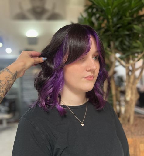 Purple peekaboo with a purple toned brunette 🫢🫢 tags: #nottingham #nottinghamhairdresser #althairstylist #wolfcuts #mullets #shags #vividhair #nottinghamtrentuniversity #uniofnotts Purple Front Hair Streaks, Front Hair Streaks, Purple Hair Streaks, Purple Streaks, Nottingham Trent University, Front Hair, Hair Streaks, Nottingham, Hair Stylist