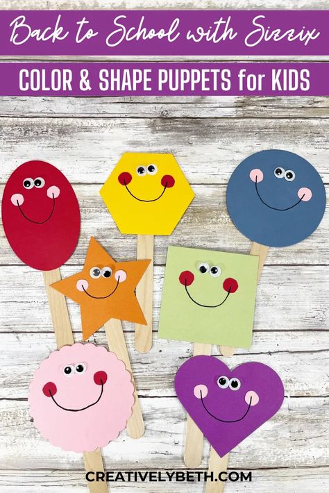 Color and Shape Flashcard Puppets Kids Craft Activity Creatively Beth #creativelybeth #color #shape #flashcard #backtoschool #learning #dollartree #sizzix #bigshotswitchplus Color And Shape Crafts Preschool, Shapes Craft, Puppets For Kids, Shapes Preschool, Scouts Crafts, Shape Crafts, Kids' Crafts, Color Crafts, Diy Crafts For Gifts