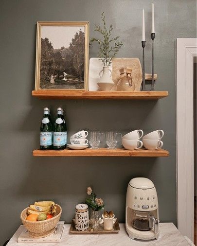 http://liketk.it/3bQKE @liketoknow.it #liketkit Coffee Bar Floating Shelves Decor, Coffee Bar Floating Shelves, Breakfast Shelf, Bar Shelf Ideas, Cofee Bar, Anna Page, Coffee Shelf, Shelf Arrangement, Mini Studio