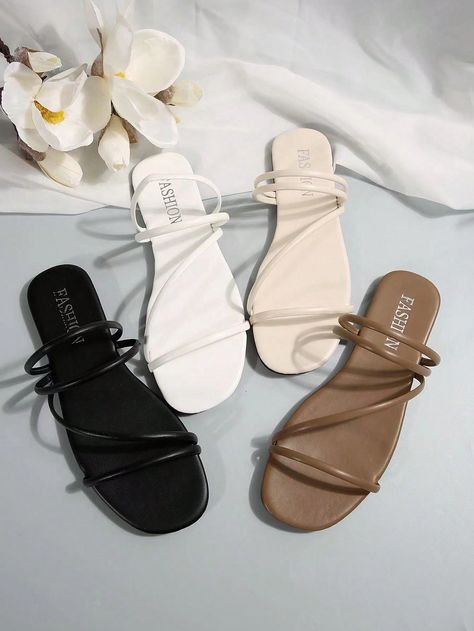 White Cool,Elegant,Fashionable Collar   Plain  Embellished   Women Shoes Open Flat Shoes For Women, Cute Sandals For Summer Flats, Casual Slippers Women, Simple Sandals Flat, Slippers Womens Flats, Casual Summer Sandals, Vacation Shoes, Back To School Shoes, Simple Sandals