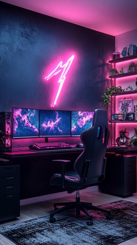 Stunning Gaming Room Ideas for Girls – Feminine, Functional, and Fabulous - Remodr Pink Goth Gaming Setup, Girl Gaming Room Ideas, Bedroom With Gaming Setup, Dark Gaming Room, Gamer Room Aesthetic, Gamer Setup Aesthetic, Moody Game Room, Black Gaming Setup, Girls Gaming Room