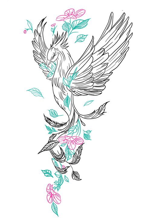 Floral Phoenix Tattoo Design, Phenix Tattoo For Women Thigh, Phoenix With Flowers Tattoo Design, Large Phoenix Tattoo Feminine, Phoenix Back Tattoos For Women, Flower Phoenix Tattoo, Spiritual Flowers Tattoo, Phoenix Tattoo Flowers, Phonex Tattoo Drawings