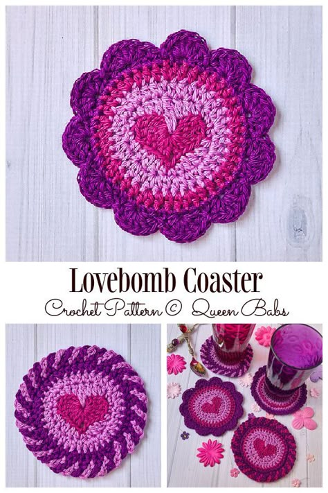 Lovebomb Coaster Circle Motif Crochet Patterns Crochet Circle Pattern, Crocheted Coasters, Valentine Crochet, Crochet Valentine Patterns, Crochet Coasters Free Pattern, Crochet Valentine, Crochet Hearts, Crochet Heart Pattern, Coaster Pattern