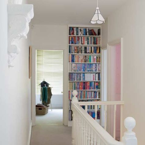 landing bookcase? over door too? Book Shelf Hallway, Landing Bookcase Ideas, Top Of Landing Decor Ideas, Book Hallway, Stair Landing Library, Books Staircase, Book Shelf Banister, Apartment Entryway Ideas Narrow Hallways, Small Space Book Storage