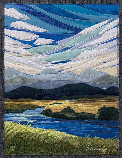 Quilted Pictures, Seascape Quilts, Crumb Quilts, Painted Landscapes, Quilting Art, Collage Quilts, Patchwork Art, Patchwork Ideas, Art Quilting