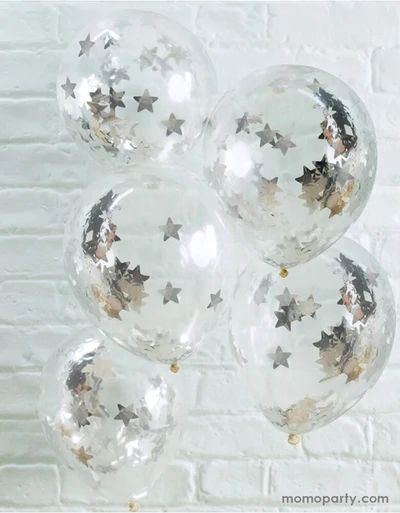 Decoration Communion, Clear Balloons With Confetti, Trendy Balloons, Filled Balloons, 5 Balloons, Clear Balloons, Prom Theme, Star Confetti, Silver Party