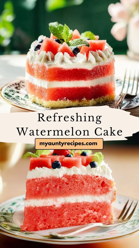 Enjoy a refreshing treat with this no-bake watermelon cake! Perfect for summer, this cake features fresh watermelon “layers” topped with whipped cream and fresh berries, making it light and healthy yet delicious. Great for hot days, it’s a beautiful, hydrating dessert that will impress at any gathering. Simple to make and naturally sweet, it’s the perfect fruity refreshment! Cake With Fresh Fruit, Healthy Dessert Options, Watermelon Cake, Fresh Watermelon, Dessert Options, Fresh Berries, Fruit Cake, Healthy Dessert, No Bake