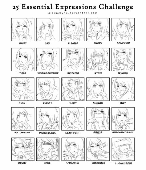 25 Essential Expressions Challenge, Essential Expressions Challenge, 25 Essential Expressions, Expressions Challenge, Expression Challenge, Facial Expressions Drawing, Drawing Face Expressions, Manga Tutorial, Drawing Manga