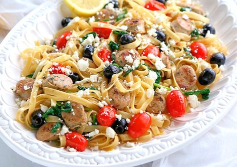 Spinach And Feta Chicken, Chicken Sausage Recipes Pasta, Spinach Feta Chicken, Moose Recipes, Chicken Sausage Recipes, Chicken Sausage Pasta, Pork Dinners, Sausage Pasta Recipes, Mediterranean Meals