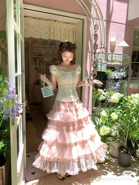 Colorful Whimsical Outfits, Easter Inspired Outfits, Fancy Nancy Aesthetic Outfits, Flower Core Outfits, Romantic Cottagecore Outfit, Fancy Tea Party Outfit, Pink Cottagecore Outfits, Pink And Green Outfit Aesthetic, Bloomcore Aesthetic Outfits