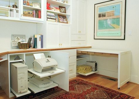 Cabinet Upgrade, Printer Storage, Office Contemporary, Hidden Desk, Organized Office, Computer Desk Design, Studio Storage, Office Photos, Contemporary Home Office