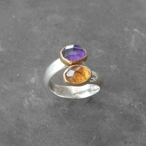 Gold Gemstone Ring Citrine and Amethyst in 22 by SunSanJewelry Citrine And Amethyst Ring, Thick Band Ring, Pyrite Jewelry, White Pearl Jewelry, Ring Inspiration, Statement Rings Diamond, Large Pendant Necklace, Lava Bracelet, Gold Statement Ring