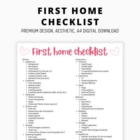 Move with Confidence: Your Ultimate First Apartment Checklist Are you stepping into your first home or apartment? Make the transition seamless and stress-free with our comprehensive First Apartment Checklist! This printable checklist is your go-to guide for ensuring you have everything you need to turn your new space into a cozy, functional home. Key Features: All-Inclusive List: Covers every room in your new home - kitchen, living room, bedroom, bathroom, laundry, and more. Organized by Categor Checklist For New Apartment, What To Buy For First Apartment, Items You Need For A New Home, New Home Needs, Apartment Needs Checklist, Checklist For New Home, Apartment List Moving Checklist, Checklist For Moving Into New Home, Bedroom Essentials List