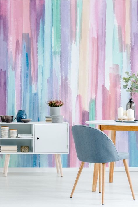 Stunning purple abstract wallpaper. Gorgeous idea for bedroom wall mural. Abstract wallpaper will emphasize your individuality and creativity. Peel and stick wallpaper is ready for shipping. Shop now at The Inspire Decor. Pastel Rainbow Wallpaper, Lady Cave, Choir Room, Ombre Wall, Wallpaper Colorful, Renovation Inspiration, Pastel Wall Art, Rainbow Watercolor, Wallpaper Project