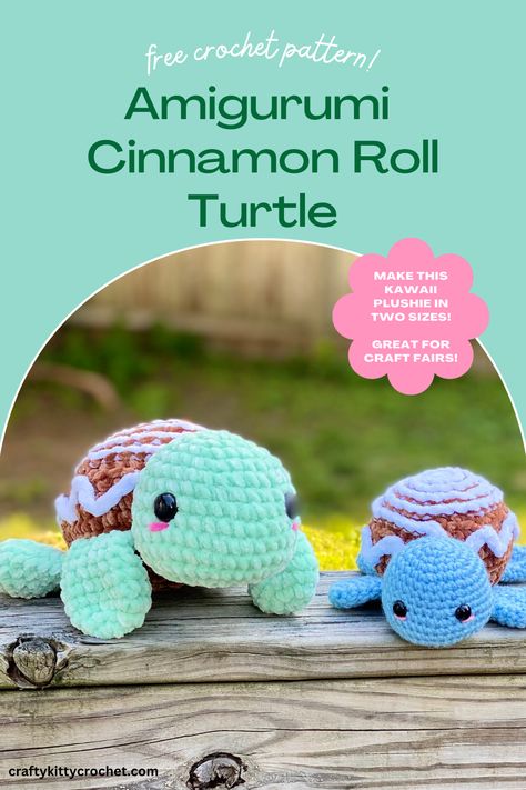 handmade crocheted turtles with cinnamon rolls as shells Free Turtle Crochet Pattern, Crochet Turtle Plushie Pattern Free, Crochet Fruit Turtle Pattern Free, Pizza Turtle Crochet, Crochet Food Animals, Crochet Cinnamon Roll, One Hour Crochet Projects, Turtle Crochet Pattern Free, Fruit Turtle Crochet