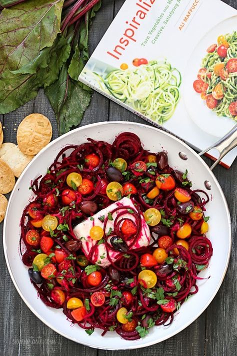 Spiralized Mediterranean Beet and Feta Skillet Bake | Skinnytaste Spiralized Beets, Beet Noodles, Bake Healthy, Beet Recipes, Spiralizer Recipes, Veggie Noodles, Skinny Taste Recipes, Beet Salad, Raw Vegan