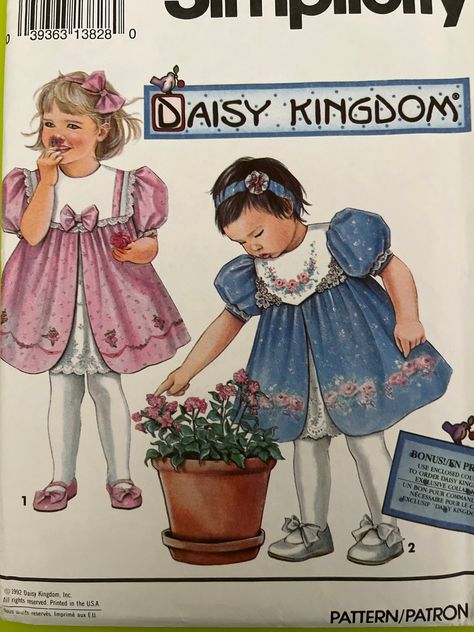 1993 Daisy Kingdom Toddlers Dress Simplicity Pattern 8316 - Etsy Daisy Kingdom, 90s Pattern, Bow Fabric, Simplicity Dress, Toddler Romper, Simplicity Patterns, Contrast Collar, Toddler Dress, Cute Pattern