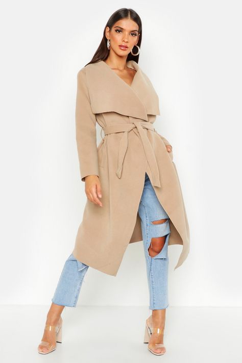 Belted Waterfall Coat | boohoo Waterfall Coat, Shawl Collar Coat, Sport Luxe, Waterfall Jacket, Fall Fashion Coats, Tan Coat, Camel Coat, Collared Coat, Coat Dress